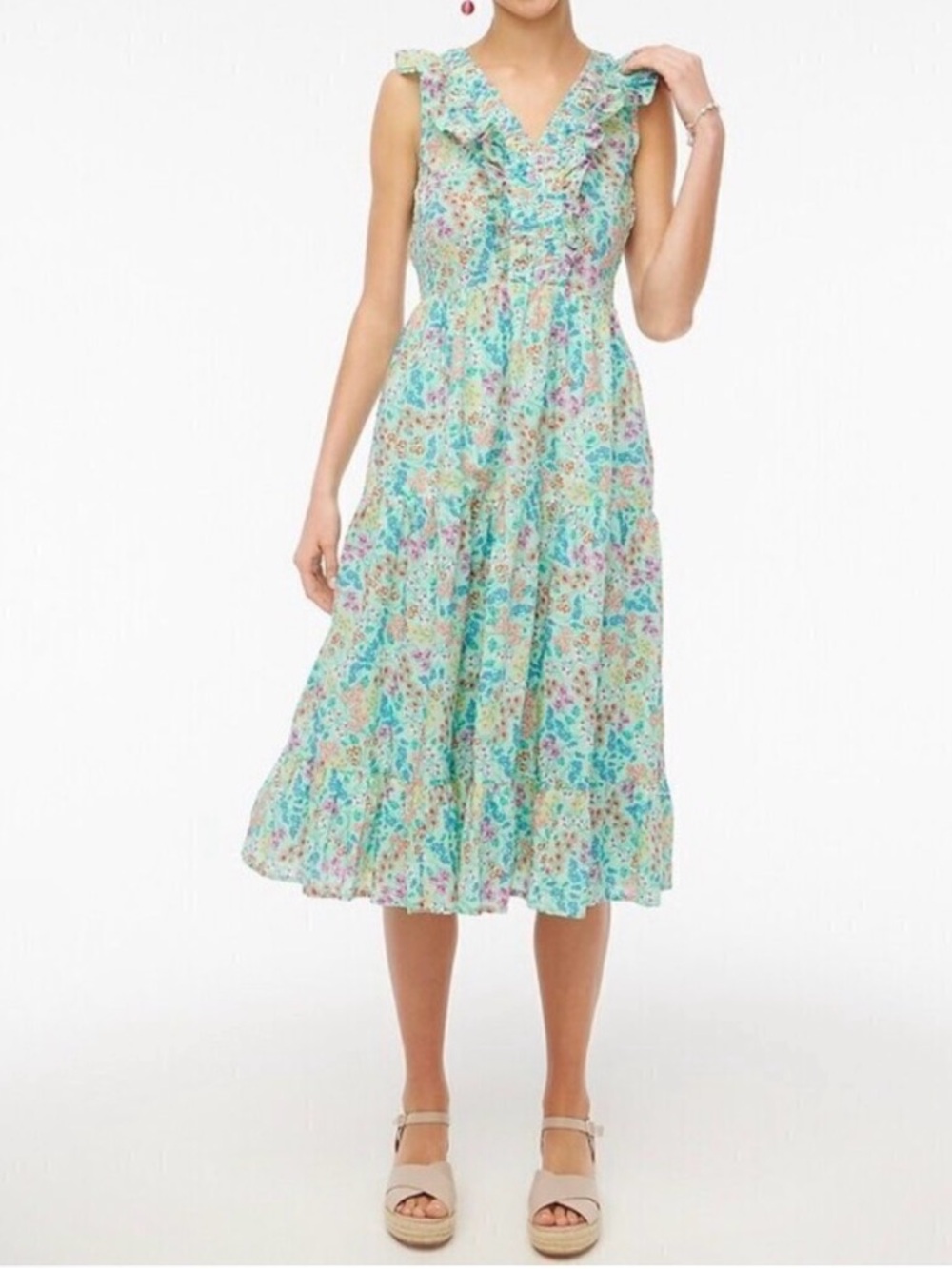 J. Crew Mint Floral Ruffle V-Neck Tiered Midi Dress